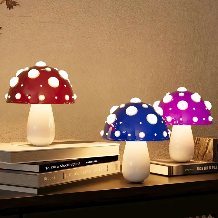 Colorful mushroom-shaped lamps with polka dot caps.