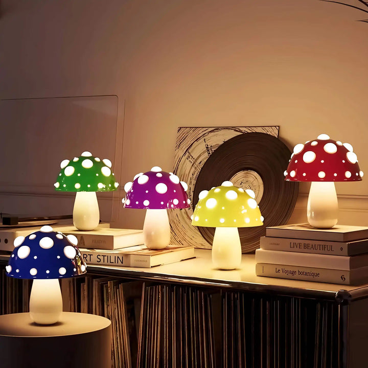 Colorful mushroom-shaped lamps with polka-dotted caps.