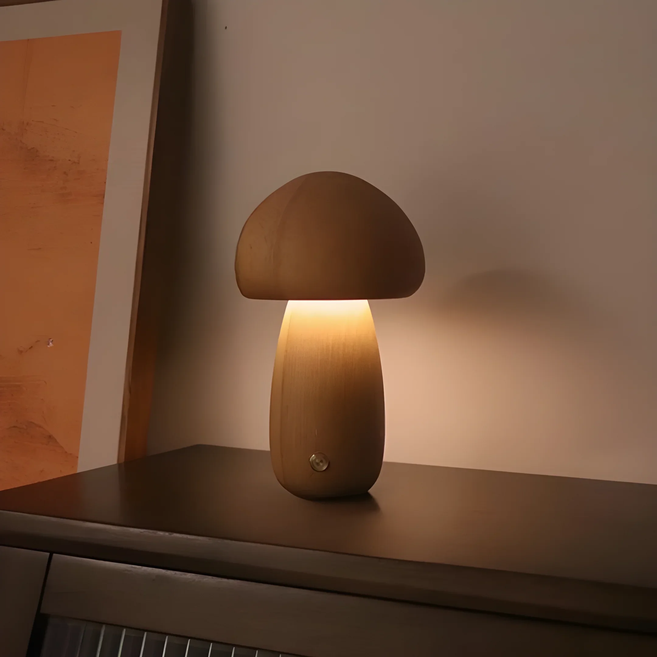 Mushroom-shaped table lamp emitting a warm glow.