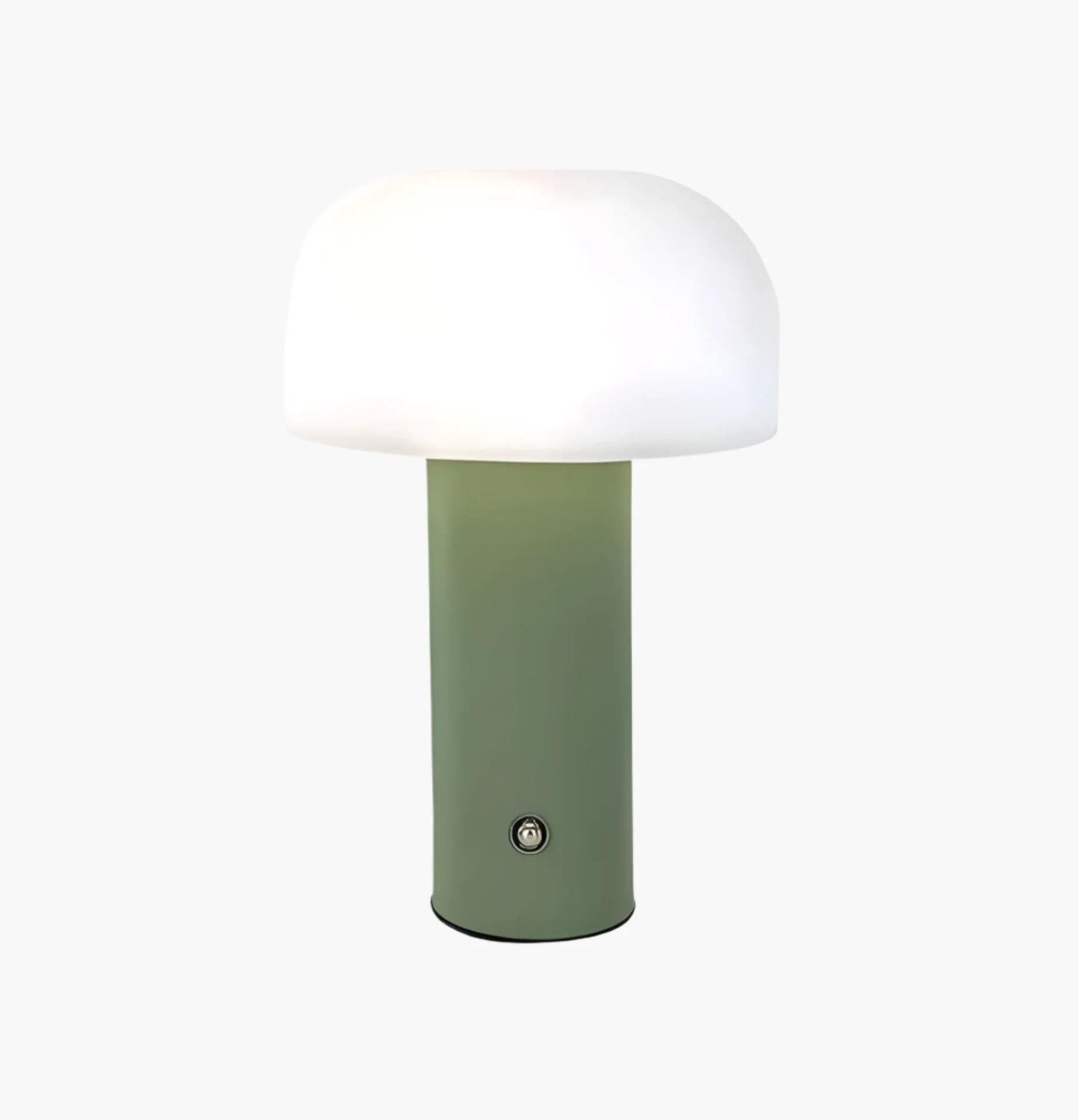 Modern table lamp with a green cylindrical base and white dome-shaped shade.