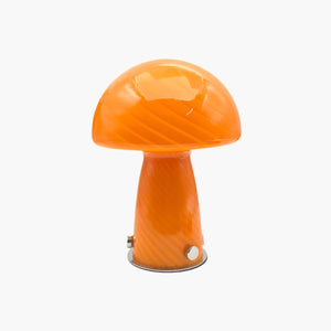 Orange mushroom-shaped table lamp with a glossy finish.