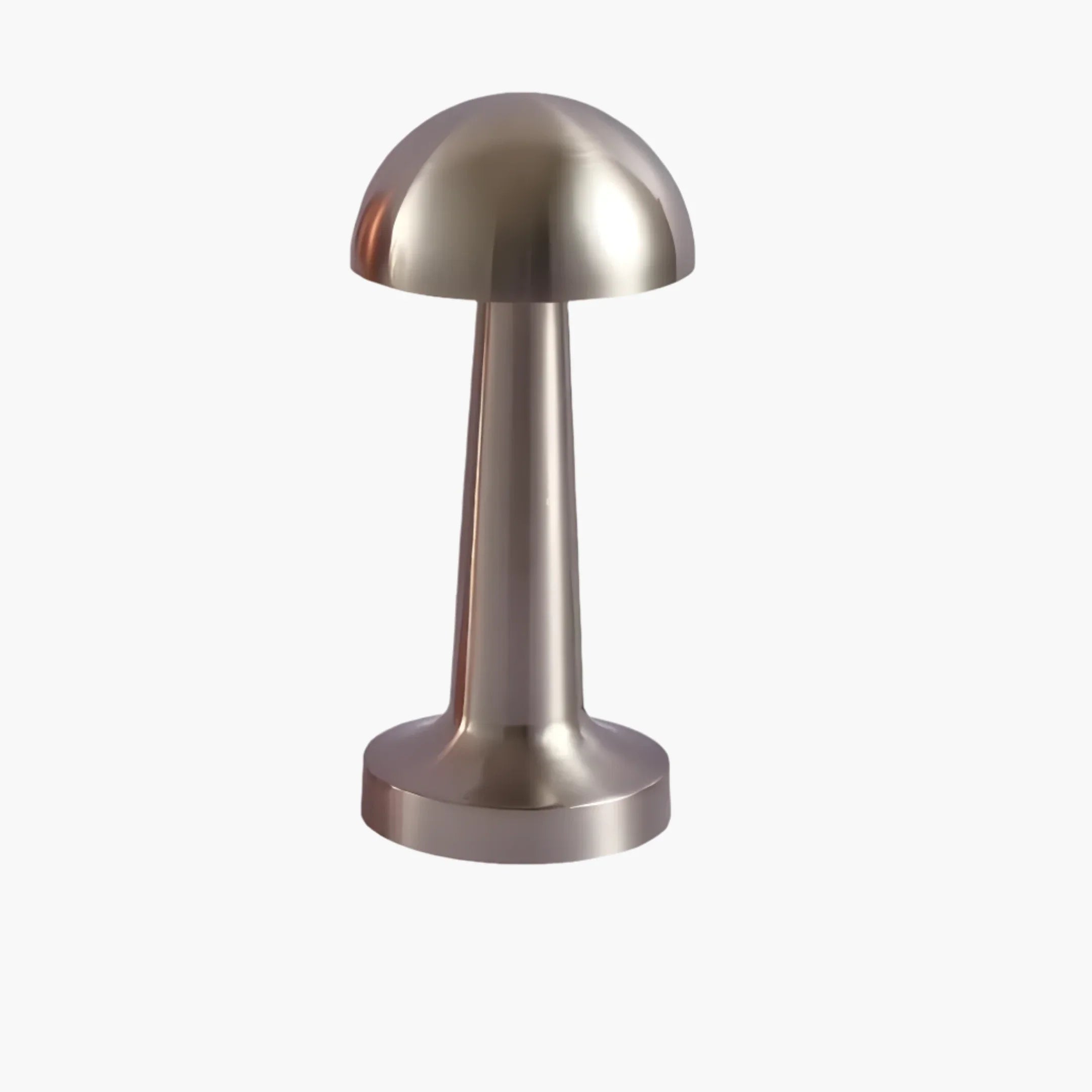 Brushed metal mushroom-shaped door stopper or decorative object.