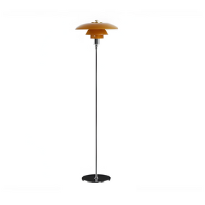 Sleek modern floor lamp with a tiered amber-colored shade and slender black stand.