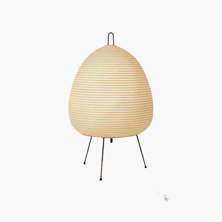 Egg-shaped paper lantern lamp on thin metal tripod legs.