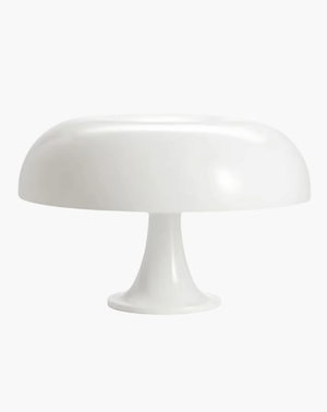 White mushroom-shaped table lamp with a rounded dome shade.