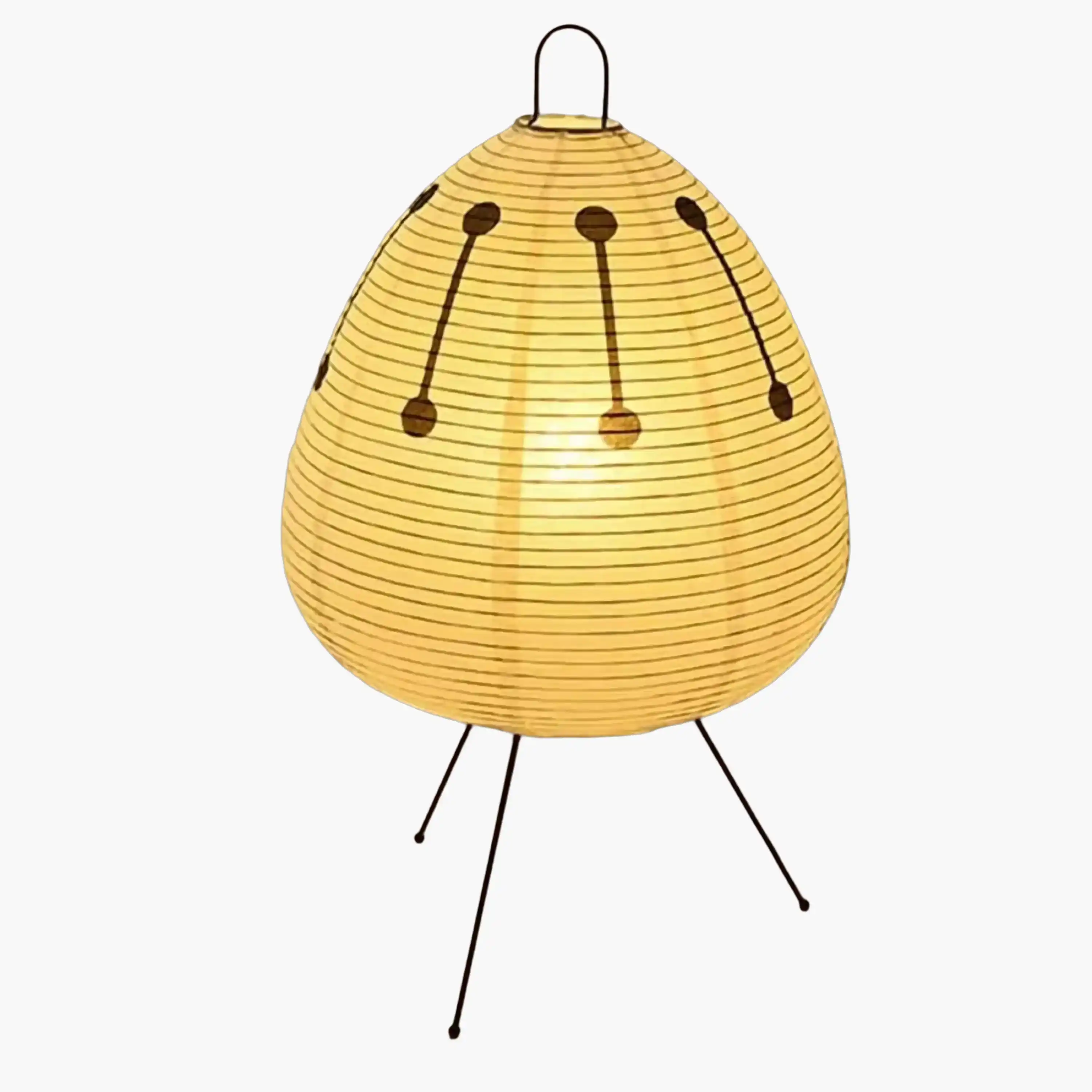 Egg-shaped yellow paper lantern with thin metal legs.