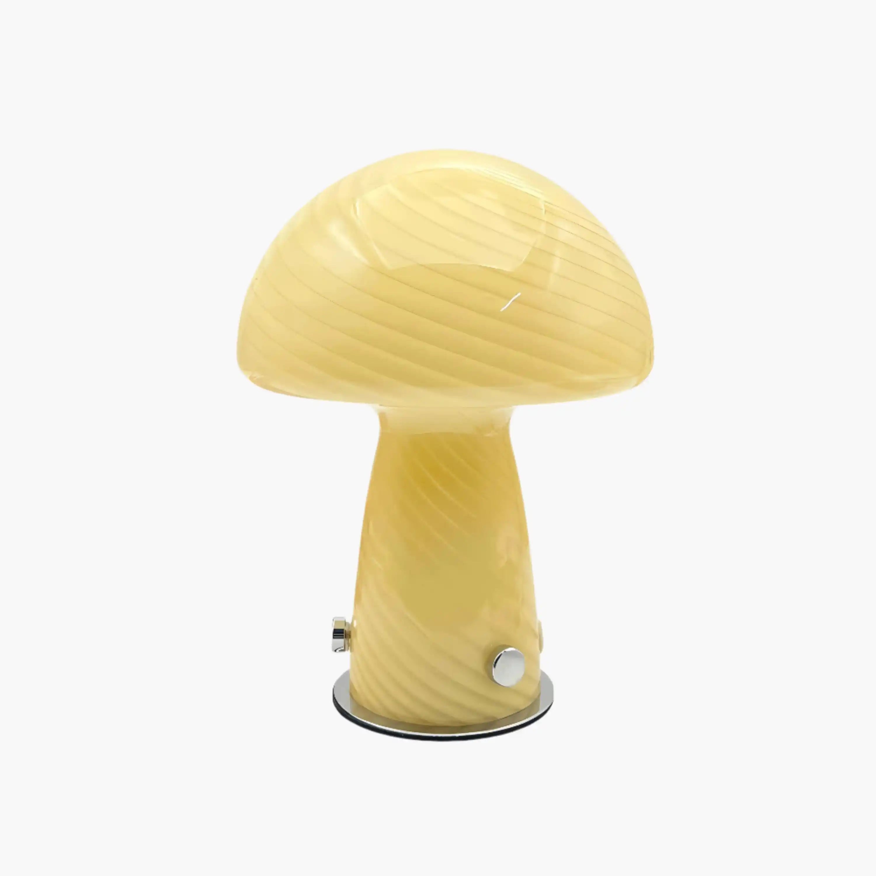 Pale yellow mushroom-shaped table lamp with a glass dome and metal base.